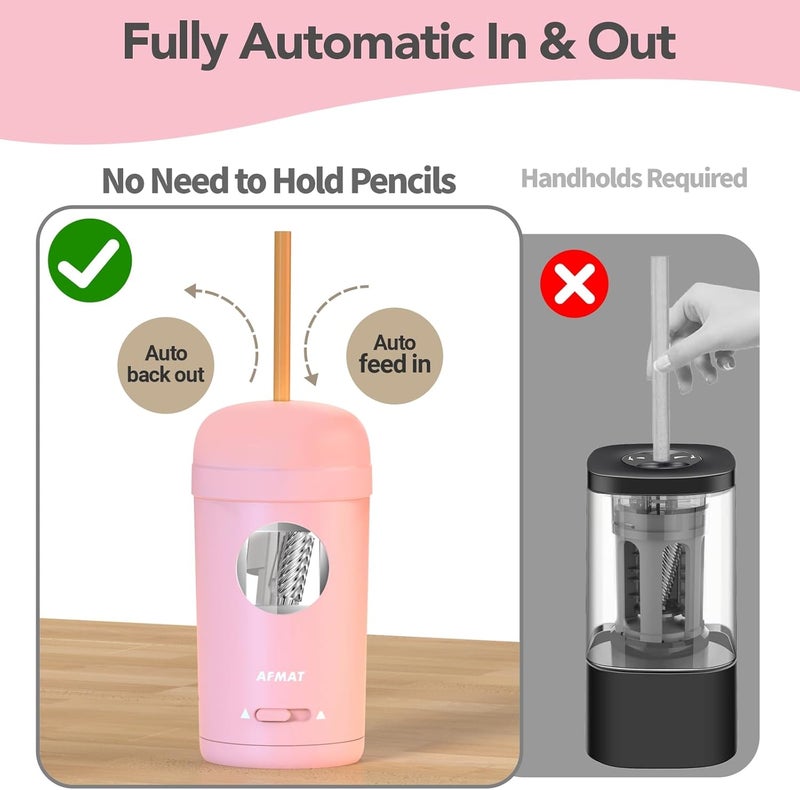 AFMAT Electric Pencil Sharpener, Fully Automatic Pencil Sharpener for 7-8mm Pencils & Colored Pencils, Auto in & Out, Rechargeable Vertical Hands-Free Sharpeners for Classroom/Home/Office PSX7(Pink) - Image 2